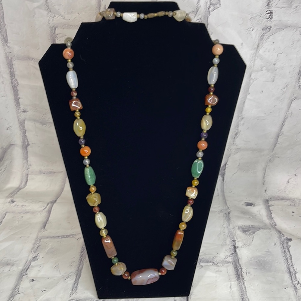 Vintage Multi-Colored Polished Agate Stone Beaded Necklace with Bronze Beads 17"